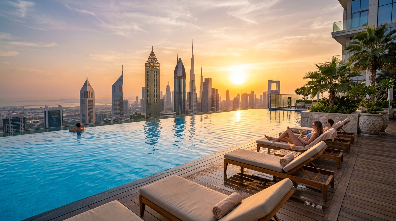 Luxury rooftop infinity swimming pool with Dubai skyline view